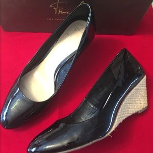 Franco Sarto Patent Black Woven Wedge Heel Pumps